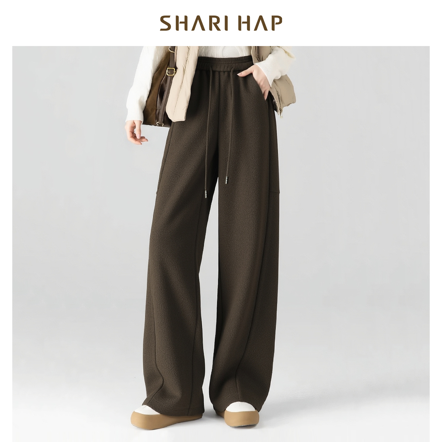 SHARI HAP松紧腰肌理感阔腿裤女