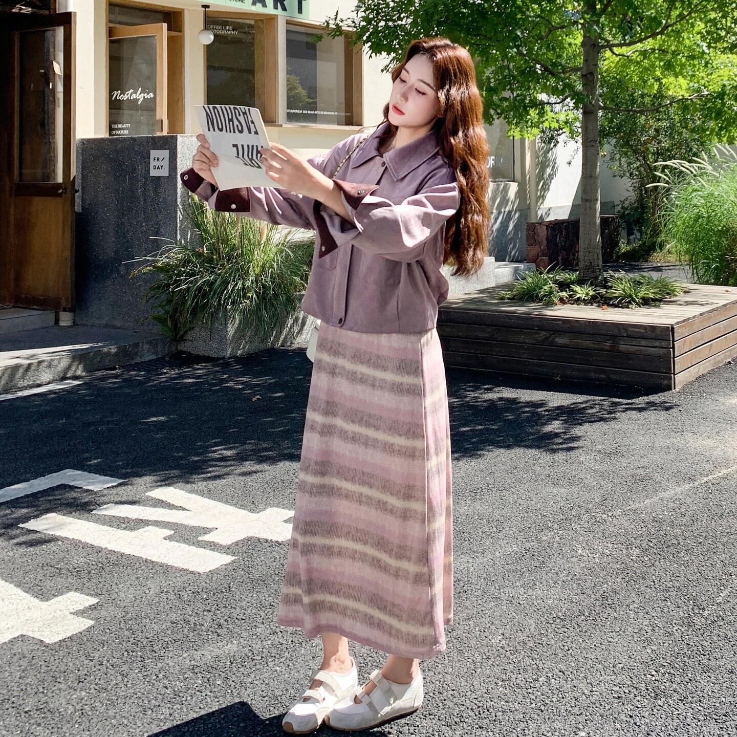 超好看紫色条纹背心连衣裙两件套女2025秋季新款甜酷风麂皮绒外套,女装套装/套裙,2C211