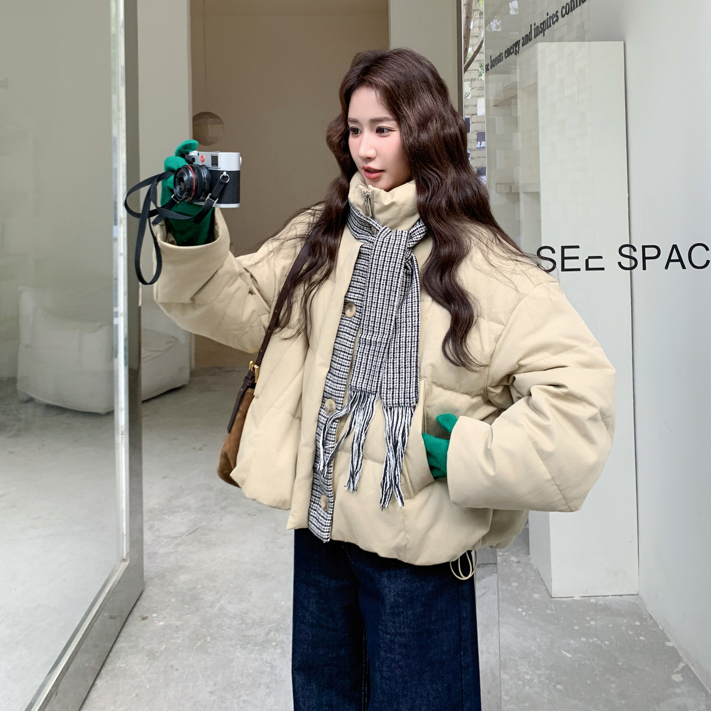 新品  格子围巾设计感90绒羽绒服2C211-129-P305控448图片