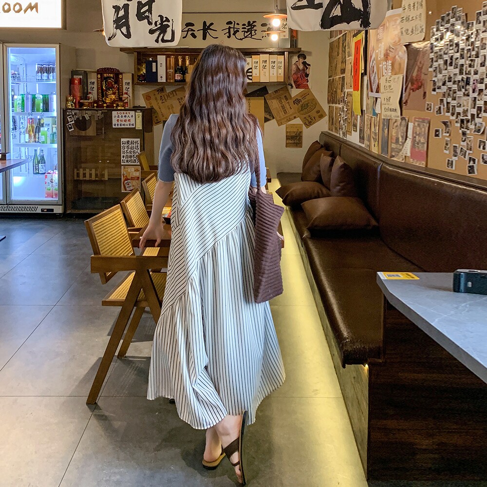 白色条纹垂坠感阔腿背带裤2025新款女春夏季小个子慵懒风宽松裙裤,女装连体裤,2C211