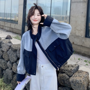 撞色拼接短款牛仔外套女2025秋季新款设计感复古休闲小个子短夹克图片