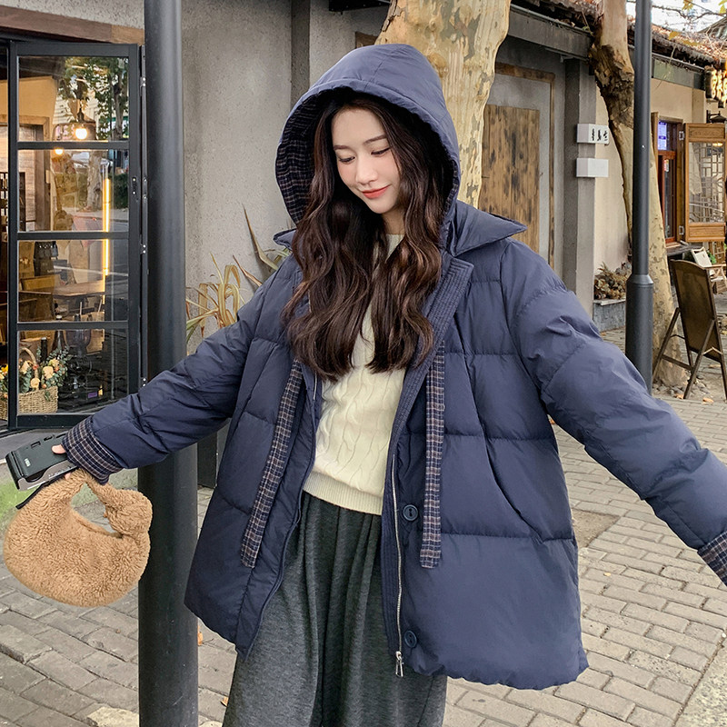 韩版减龄学院风格子拼接羽绒服女2025冬季新款气质加厚白鸭绒外套,女装羽绒服,2C211