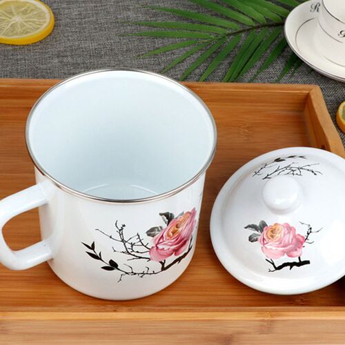 速发老式包边杯带容茶缸子大盖量006泡面杯怀旧复古铁杯子10cm