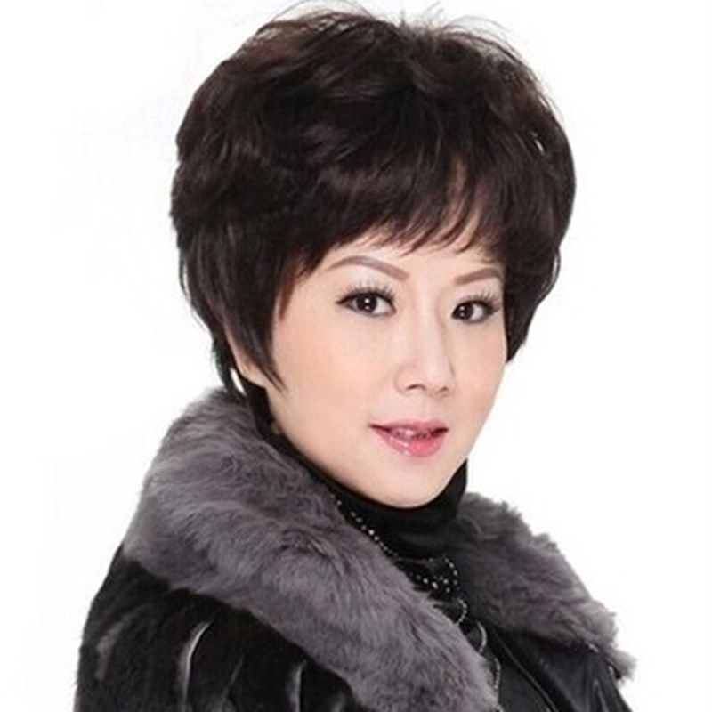 L中老年假发女短发真发蓬松逼真A短卷发老年人假发套送妈妈真人发