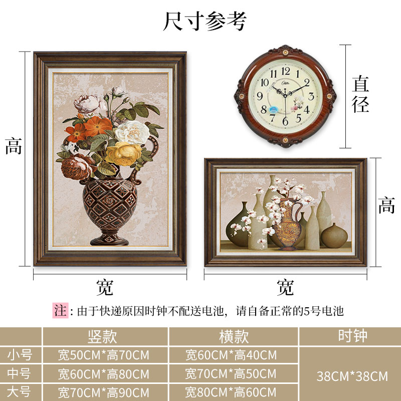 现货美式餐厅装饰画带钟表简美饭店饭厅餐桌墙面挂画欧式客厅组合图片
