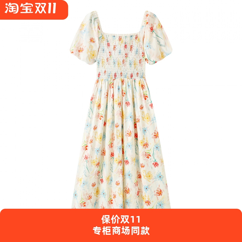 商场同款法式褶皱方领碎花连衣裙