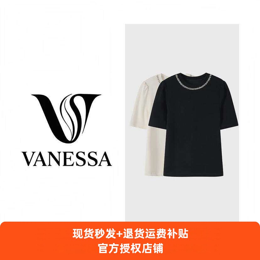 班洛BANLUO|【黑天鹅】女士圆领短袖颗粒醋酸手工钉珠T恤SY848