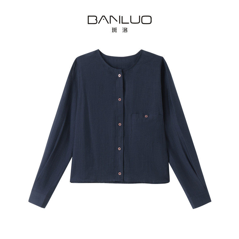 BANLUO|【藏青舒宇】藏青圆领短款莱赛尔亚麻衬衫上衣SY1077
