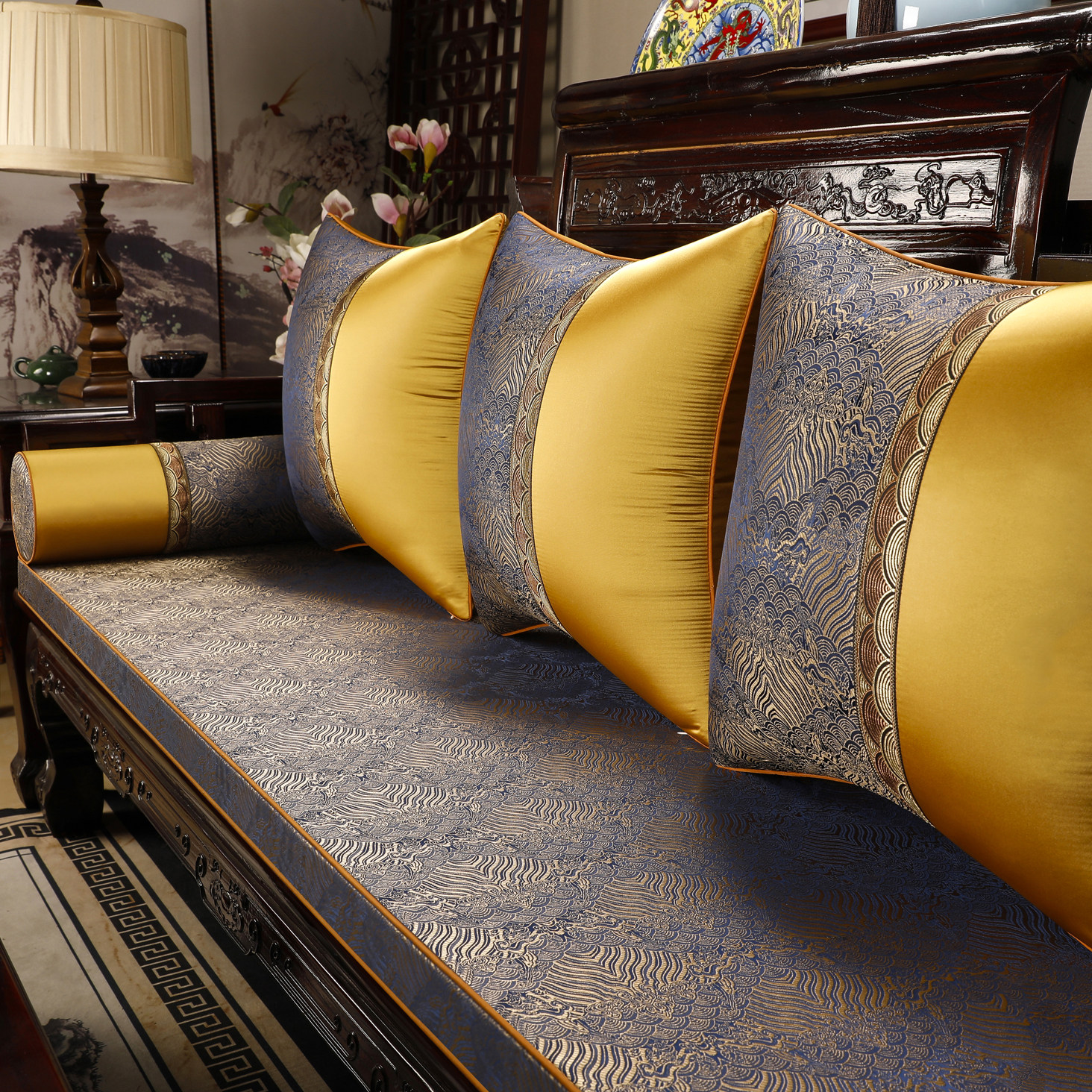 定制新中式红木沙发坐垫实木家俱罗汉床五件套垫子海绵沙发垫座垫