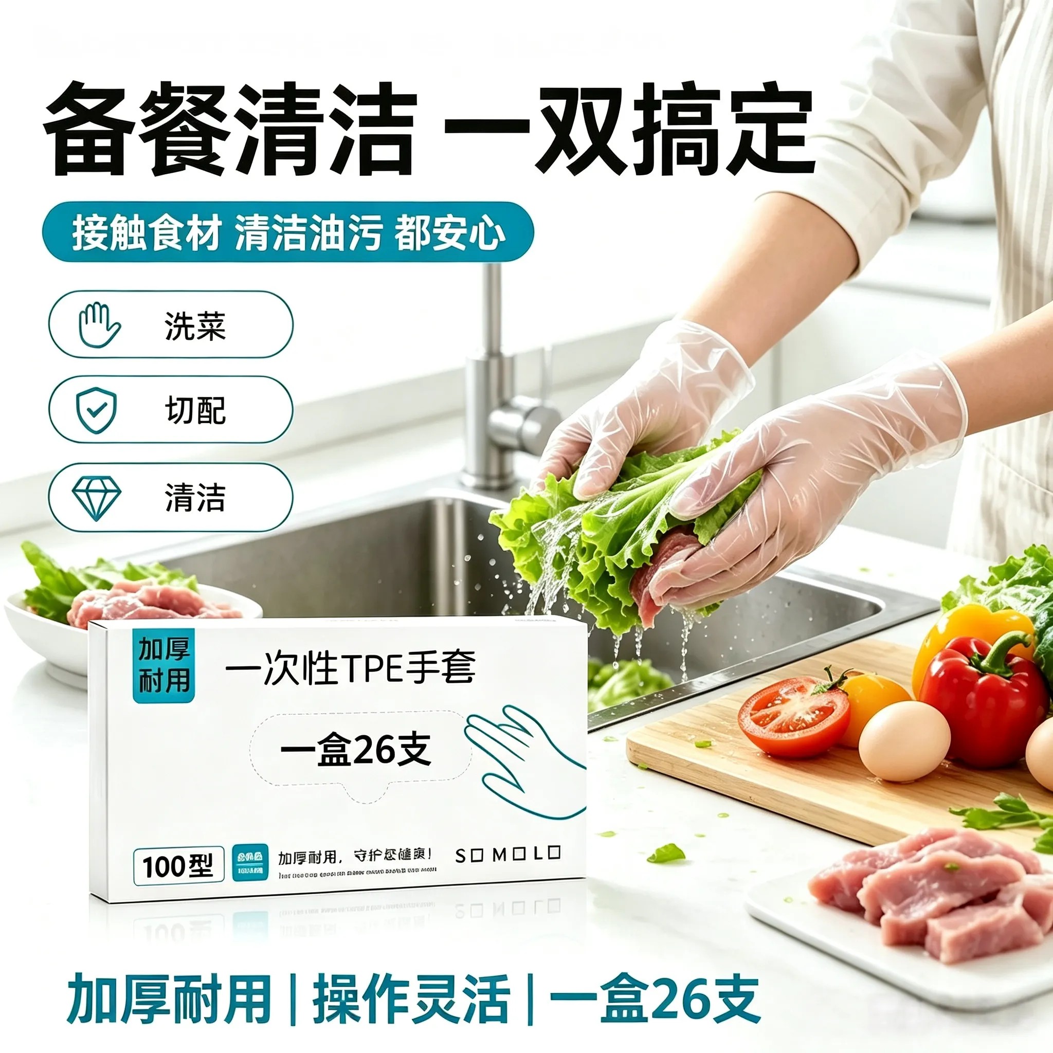 一次性TPE手套食品级厨房餐饮加厚耐用防水抽取式盒装防晒面纱