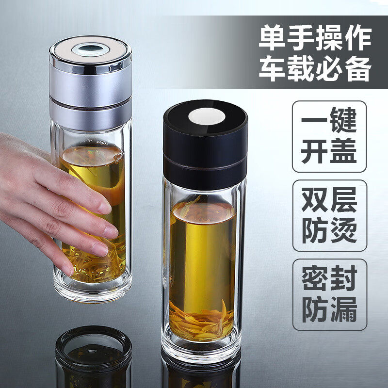 创意一键速开耐高温隔热双层玻璃杯有盖高硼硅茶杯子车载泡茶便携