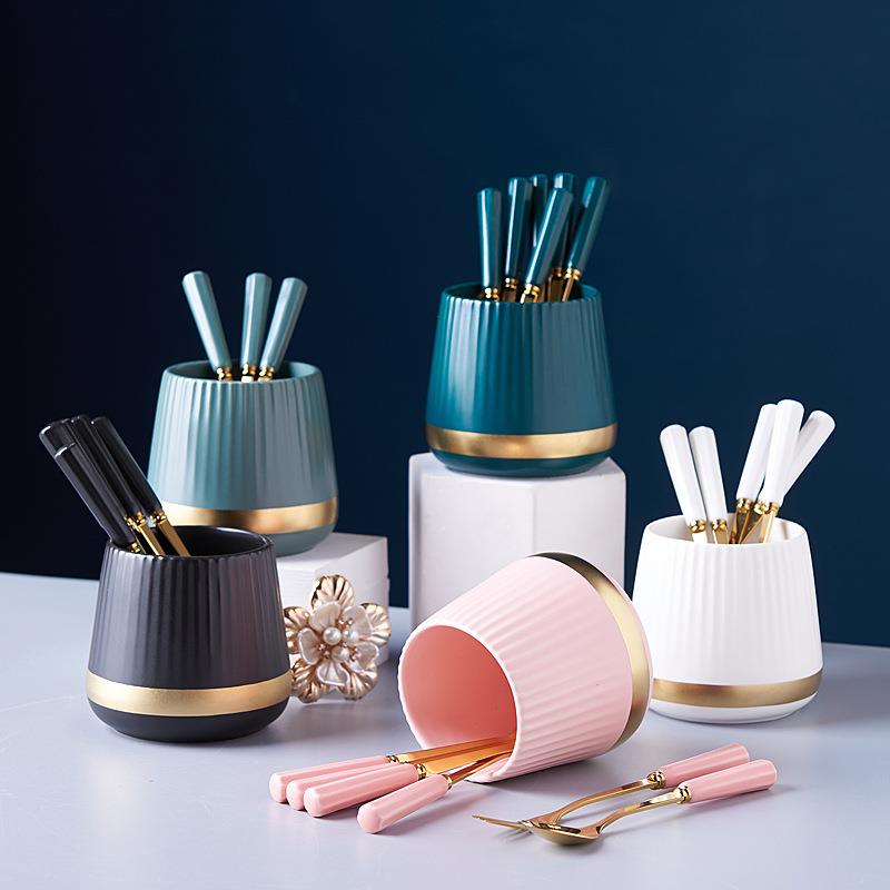金边条纹陶瓷果叉收纳罐高颜值不锈钢水果叉家用好物勺子叉子套装