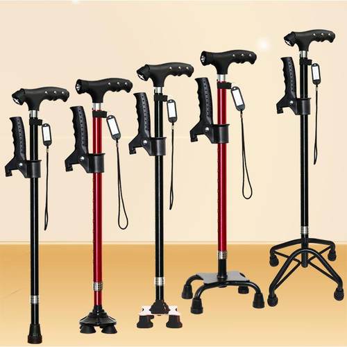 老人拐杖防滑四脚手杖多功能拐棍跨境老年人用带灯亚马逊