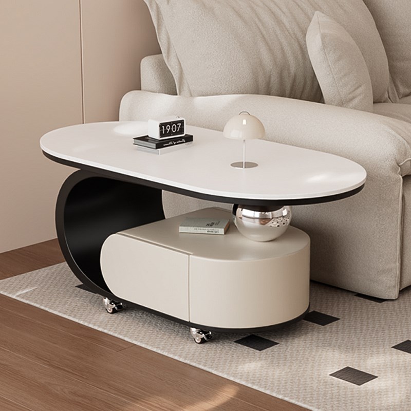 奶油风新款客厅家用现代简约小户型可移动岩板茶几沙发边几柜带轮