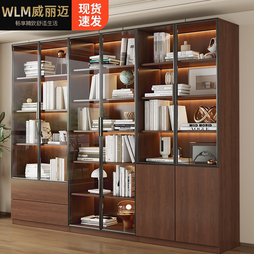 胡桃色书柜玻璃门展示酒柜轻奢家用客厅实木手办一体整墙到顶书架