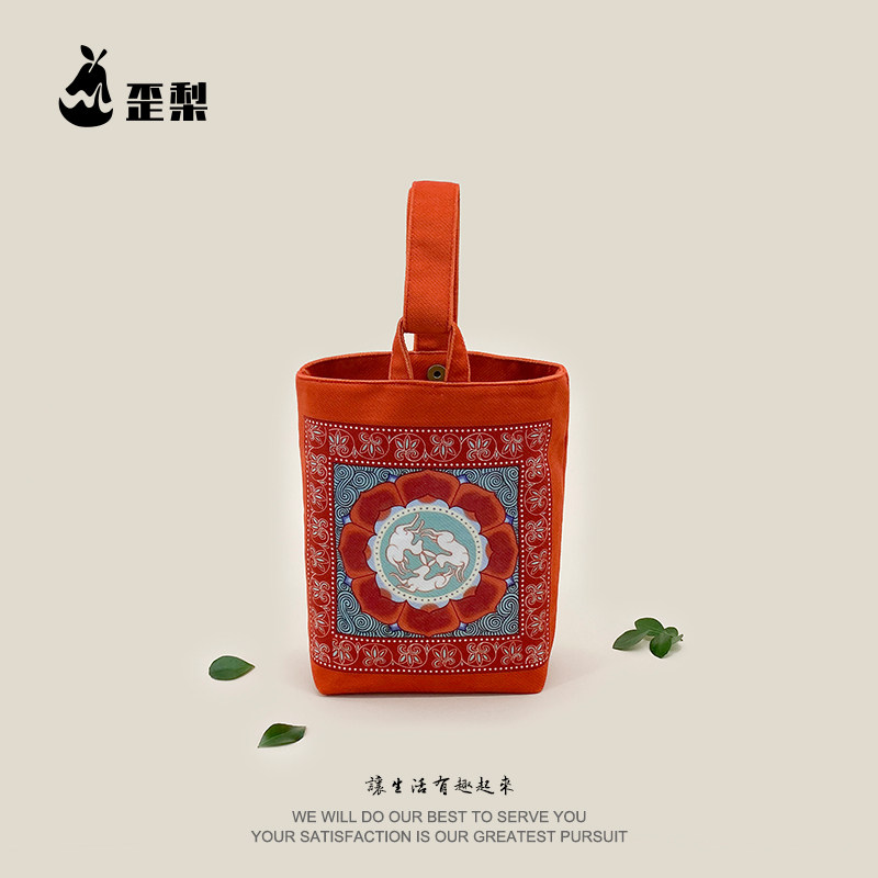 国风敦煌三兔共生莲花手拎布袋图片