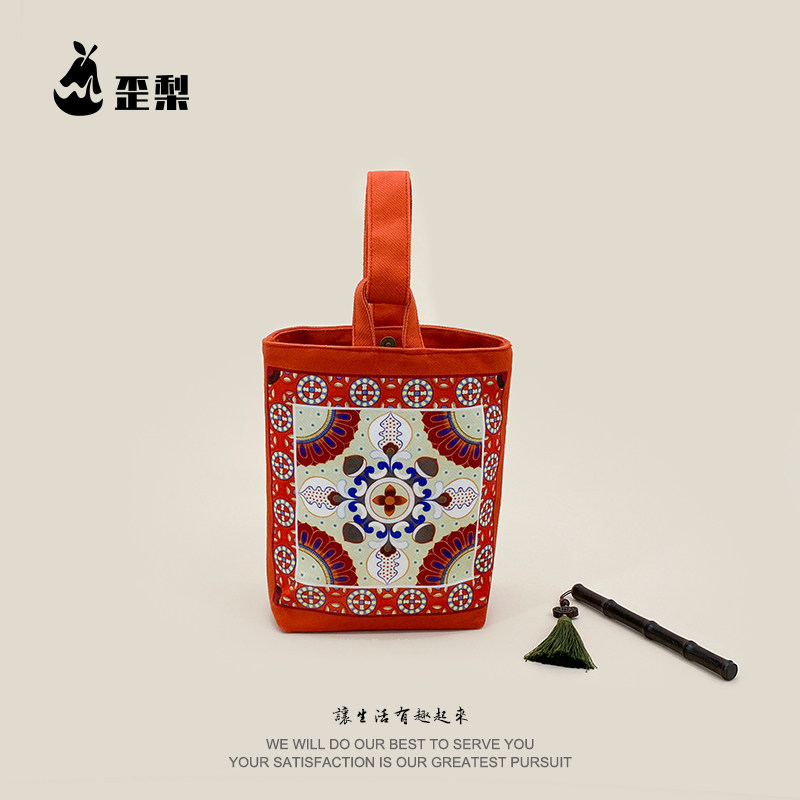 中国风敦煌石榴莲花手拎水桶包便携通勤环保帆布袋复古国潮小拎包