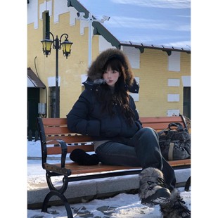 菲奥娜藏青色大毛领短款羽绒棉服女2025冬季新款高级显瘦棉衣外套