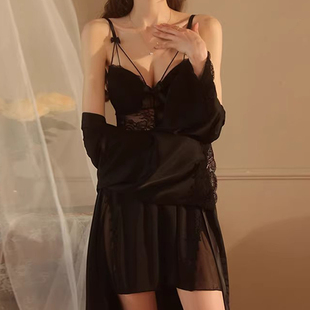 妍翎性感睡衣女春秋款 纯欲风高级感冰丝吊带趣味睡裙夏带胸垫睡袍