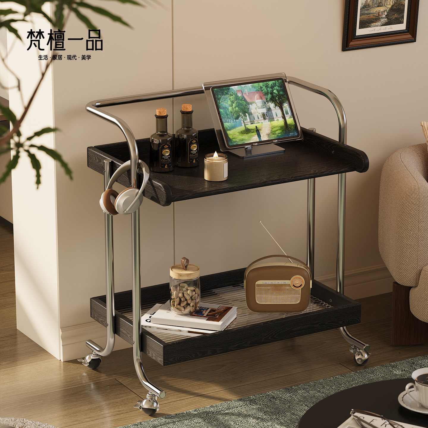 实木可移动边几茶几床边桌沙发边柜卧室家用床头中古小推车置物架