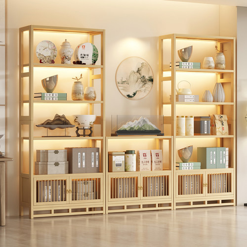 博古架楠竹新中式茶叶展示柜茶室茶柜现代简约多宝阁摆件置物架子