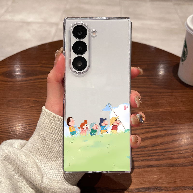 适用三星fold7手机壳fold6新款fold5大折叠屏zfold4翻盖fold3超薄透明夏日蜡笔小新全包防摔男女款外硬保护套