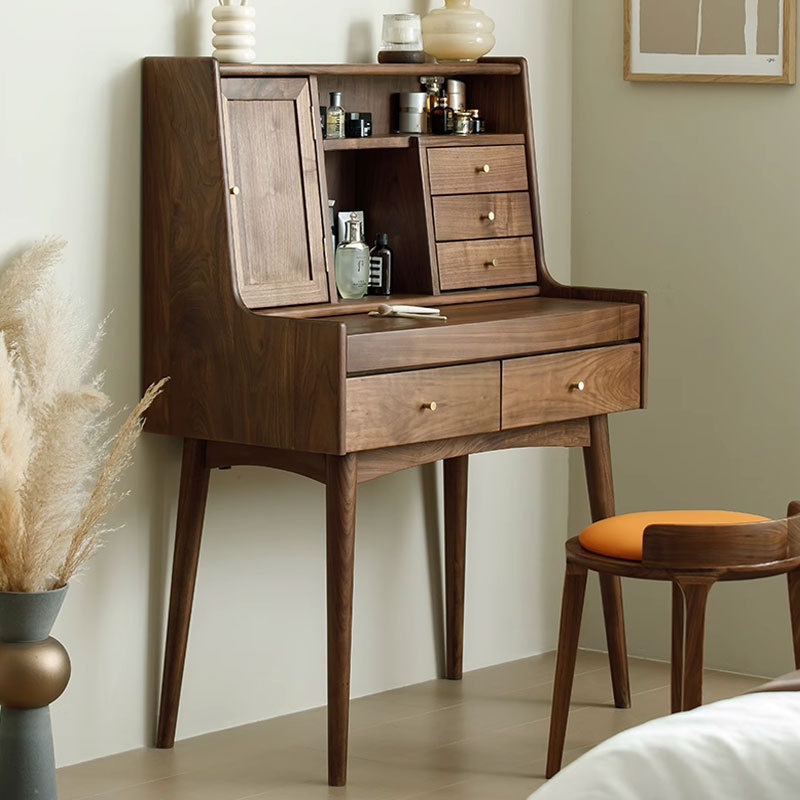 北美黑胡桃木梳妆台妆凳简约实木卧室多功能收纳化妆桌带折叠镜子