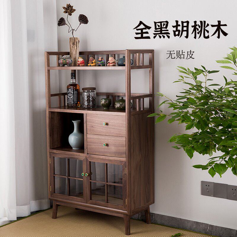 黑胡桃实木厨房置物架收纳架多功能一体靠墙展示架防尘落地储物架