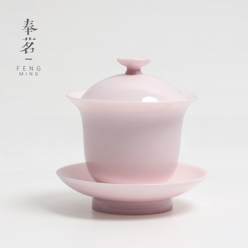 粉泥陶瓷敬茶碗 樱粉家用盖碗粉色玉泥三才小号单女泡茶瓷碗