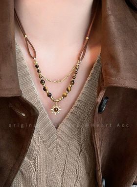美拉德棕色太阳花虎眼石项链女
