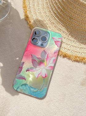 叶菽原创定制《碧波荷》新中式国风小众高级感IMD闪粉适用苹果17/14/15/16promax不会撞壳夏日iPhone手机壳