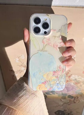 叶菽原创定制《国画荷花》新中式国风小众高级感imd双层适用iphone16/17/14/15promax不会撞壳苹果手机壳