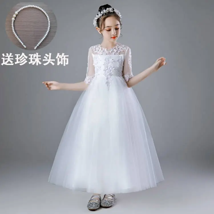 儿童公主裙白色主持人花童婚礼礼服蓬蓬纱女童婚纱钢琴演出童礼服