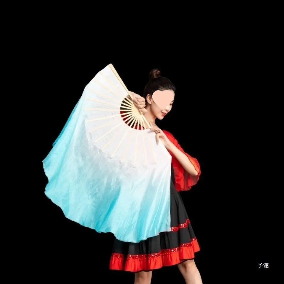 舞蹈扇子仿真丝双面湖蓝渐变白色