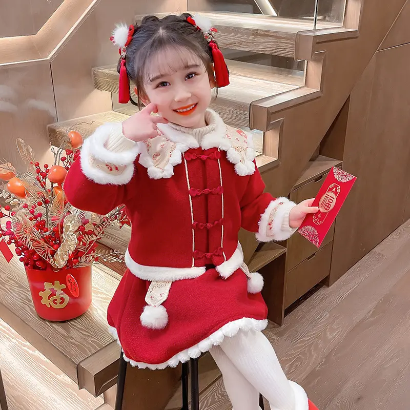 女小童球球花边年服裙套装冬季