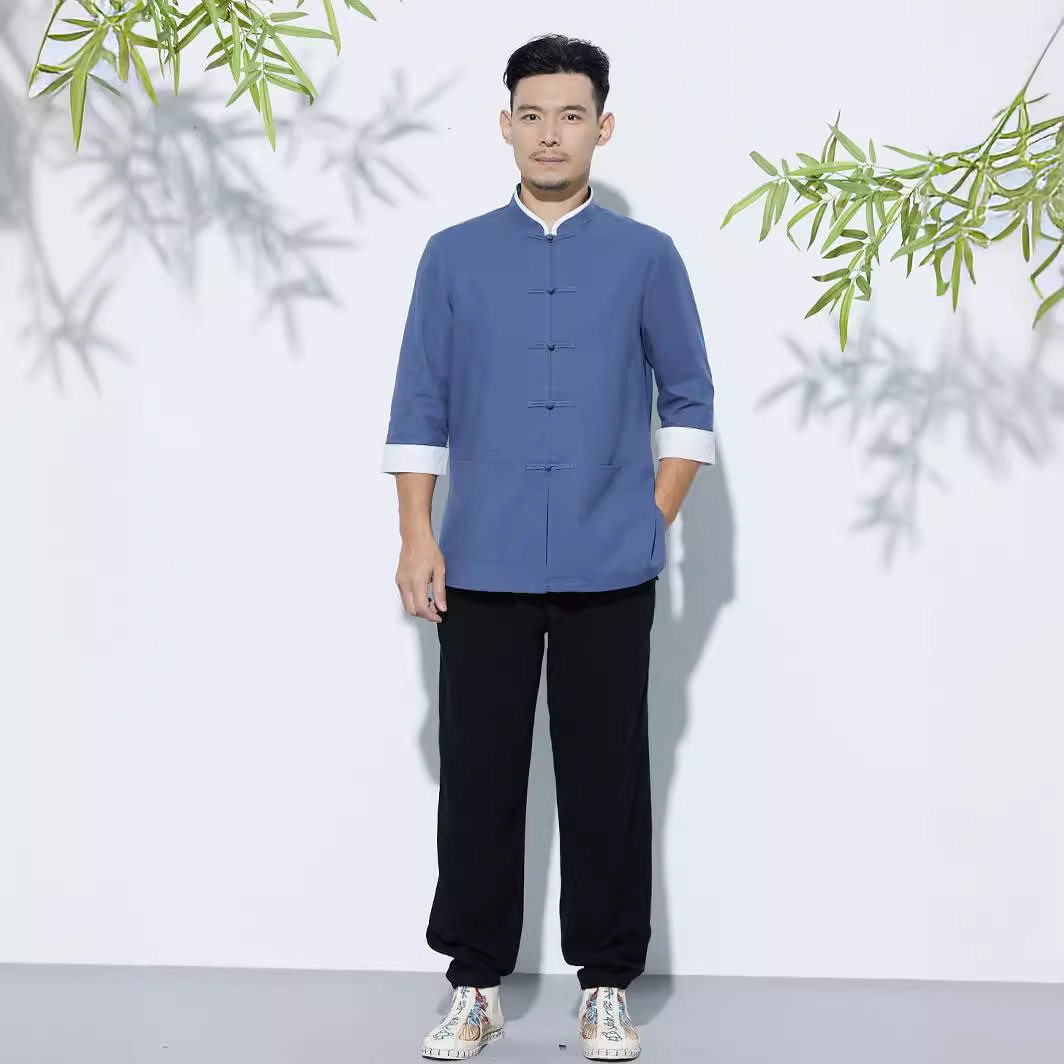 新款男士棉麻禅衣灰蓝深蓝色浅黄