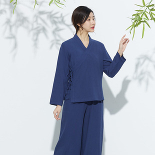 新款棉麻禅服长袖春夏右衽打坐女套装藏青色阔腿裤手工盘扣上衣