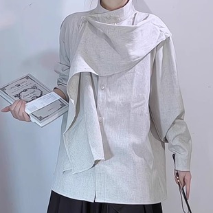 地心引力新中式 斜领飘带围巾不规则法式立领设计中性风长袖衬衫