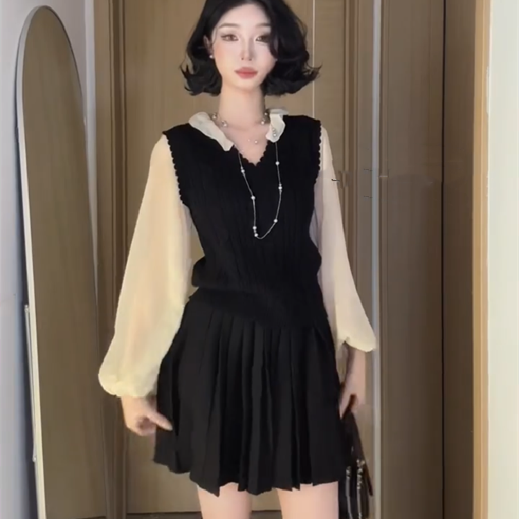 法式V领撞色拼接假两件长袖衬衫