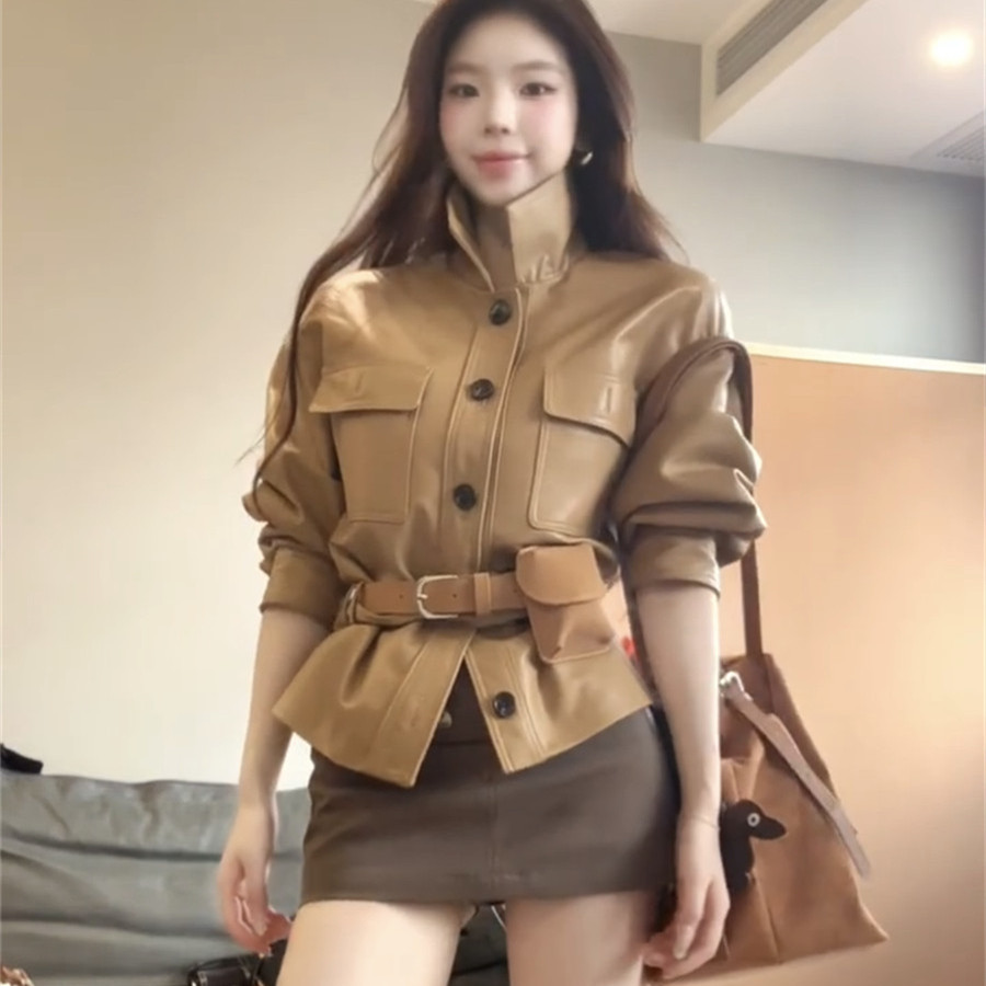 美式复古棕色翻领腰带pu皮外套女