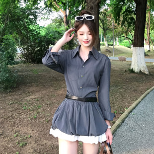 连衣裙女夏季 学院风POLO领假两件条纹衬衫 高级感收腰蓬蓬花苞短裙
