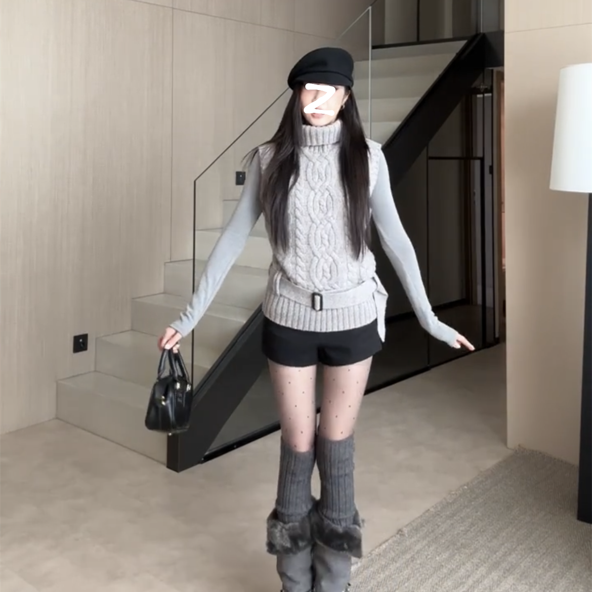慵懒松弛感高领麻花针织毛衣背心