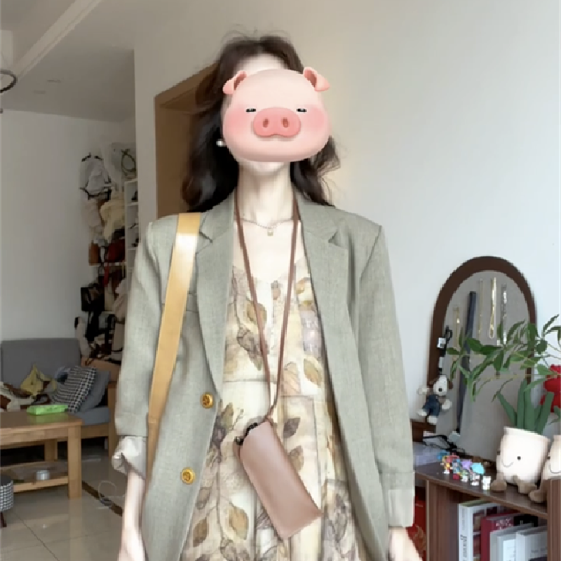 新中式复古卡其色印花吊带连衣裙