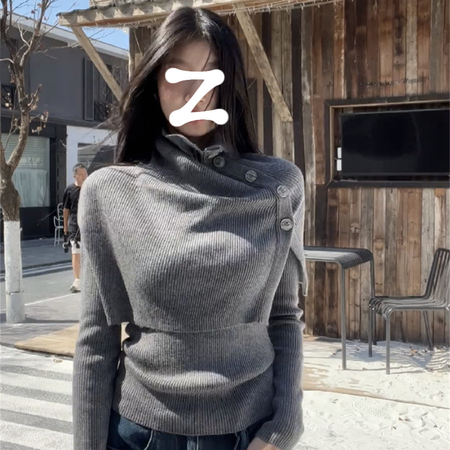 韩系高级感可拆卸披肩斗篷针织衫女秋冬设计感修身显瘦打底衫上衣