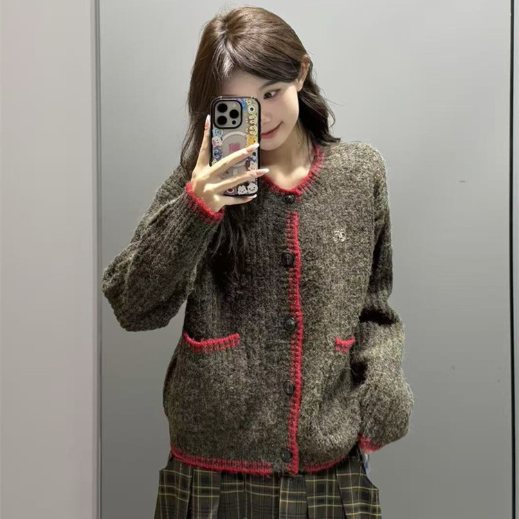 美式复古撞色圆领针织开衫女秋冬