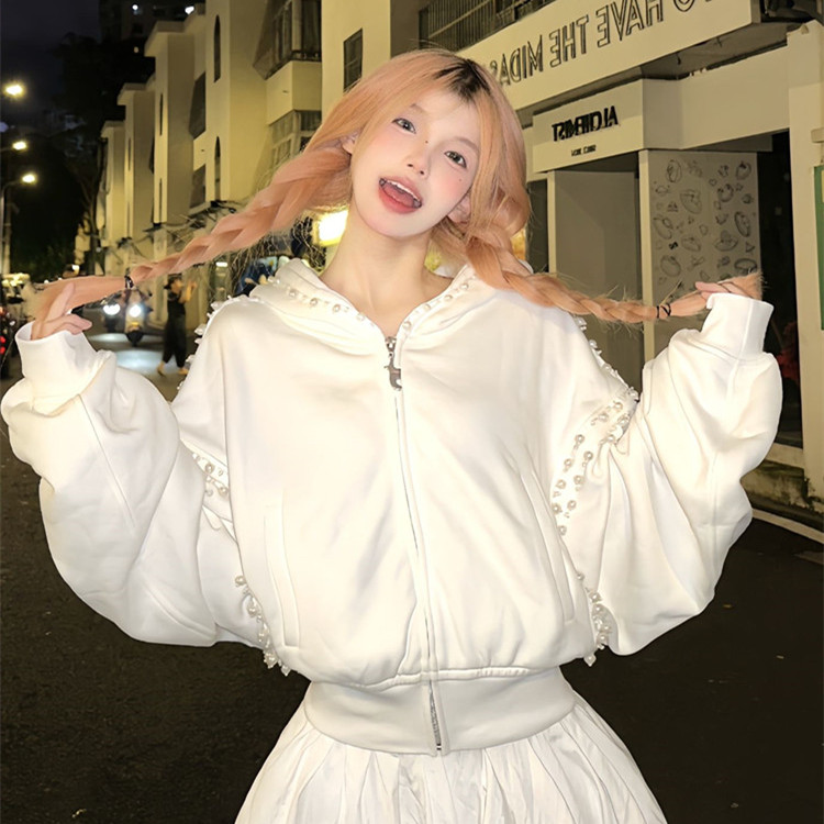 韩系白色珍珠连帽短款卫衣外套女