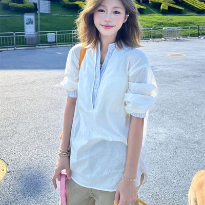 韩系学院风条纹拼接假两件衬衫女