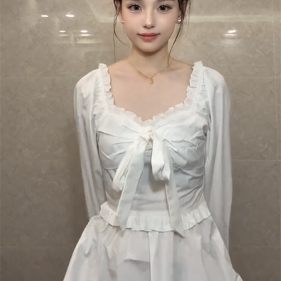 法式白色蝴蝶结荷叶边长袖衬衫女