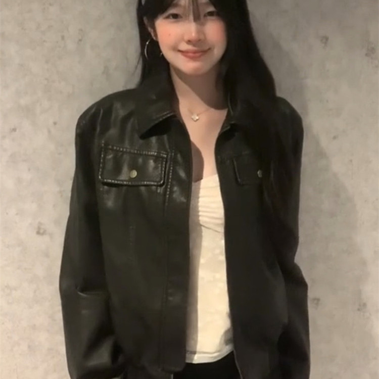 美式复古高级感黑色PU皮衣外套女