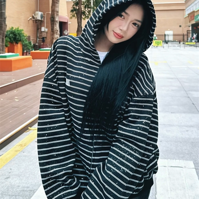 美式复古黑白条纹连帽卫衣外套女